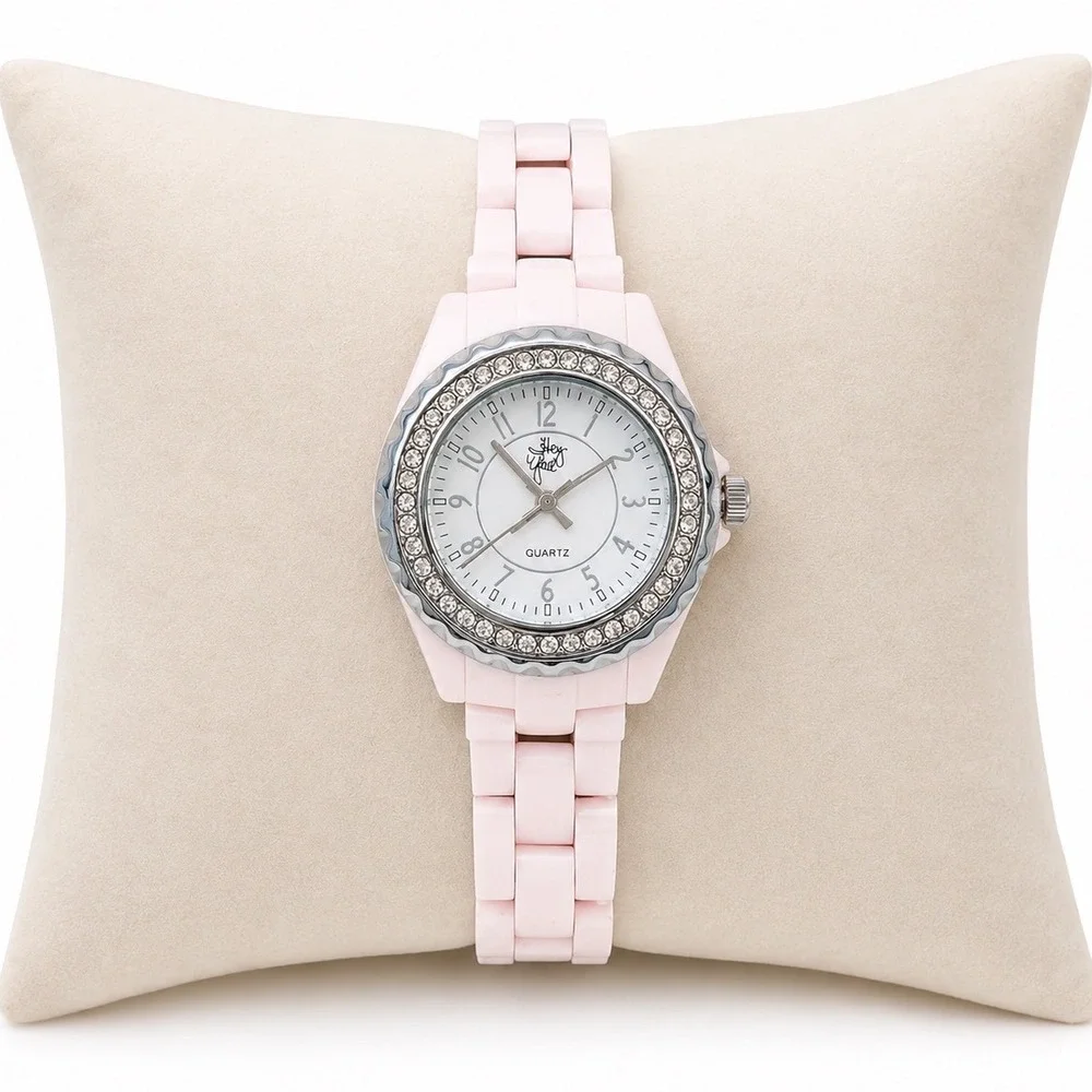 Michael Ross Hey Y'all Womens Bracelet Watch Pale Pink Resin Band Crystal Bezel